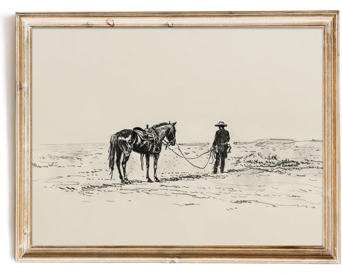 SWZHHYL Vintage Cowboy and Horse Wall Art, Neutral Cowboy and Horse Sketch Canvas Prints Poster, Western Antique Horse Rus...