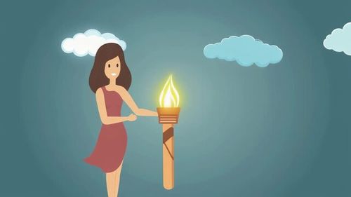 Animated sequence of a cartoon woman receiving a flaming torch. Symbol of hope leadership and carrying the flame of progress. Minimal flat design character for motivational concepts