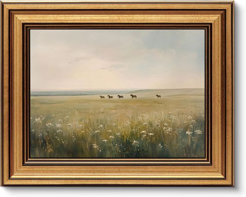 Vintage Gold Framed Wall Art Rustic Wild Horses in Field Wall Decor Picture Antique Animal Poster Print Retro Farmhouse Co...