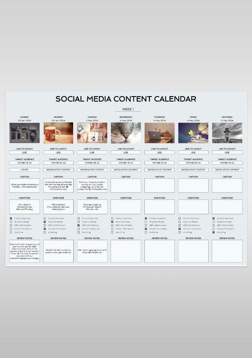 the social media content calendar is displayed on a white background with black and white images