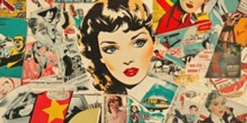 Eclectic Retro Collage Art With Vintage Magazines And Pop Culture Icons. Vintage Pop Art Collage Featuring Retro Women And Comic Elements
