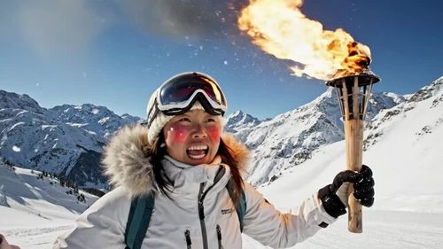 Adventurous Winter Explorer with Torch - A young explorer stands triumphantly on a snowy mountain slope, holding a flaming torch aloft.