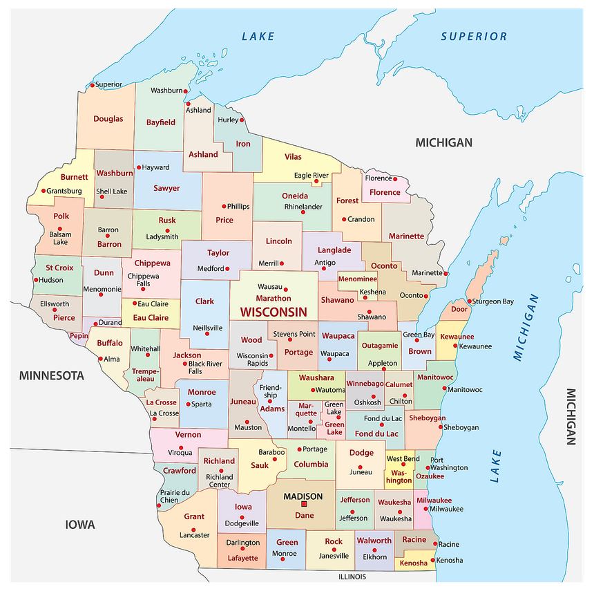Administrative Map of Wisconsin showing its 72 counties and the capital city - Madison