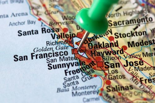 A map focused on San Francisco city. The San Francisco letters are in focus, while the rest is slightly blurred. World map san francisco stock images, royalty-free photos and pictures