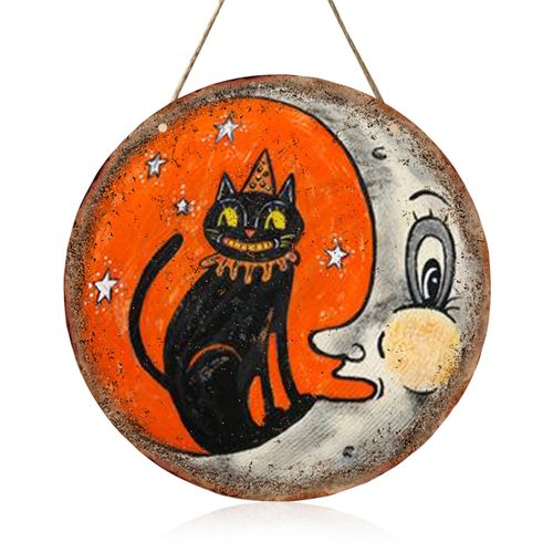 GyovinnJuwanua Halloween Cat Moon Decoration - Religious Vintage Black Cat Moon Wooden Wall Hanging Decoration, Door Welco...