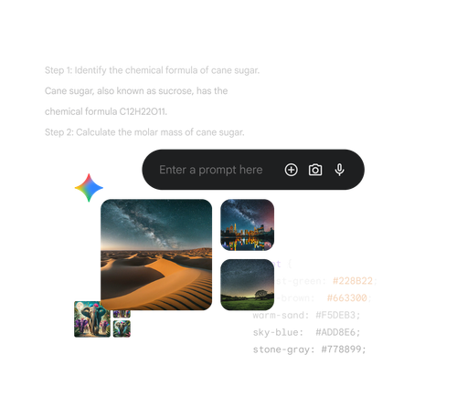 An abstract illustration of a Gemini prompt bar with example images, code, and research.