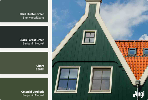 Forest green house, including different tones of forest green paint