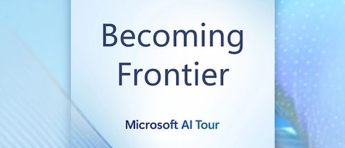 标题为“成为前沿”的 Microsoft AI 之旅活动，展示了创新技术和未来的可能性。