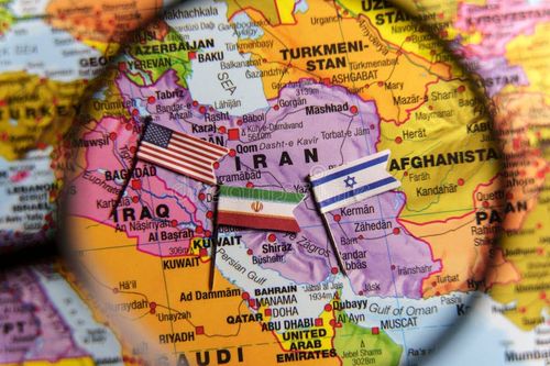 Map of Iran with USA, Israel, and Iran flags under magnifying glass, symbolizing geopolitical tension and conflict in the Middle East. June 19, 2025. Israel iran map stock images, royalty-free photos and pictures