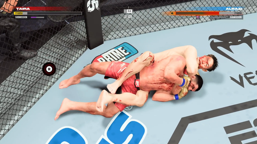 Fighter pulling off a rear naked choke on an opponent in UFC 5.