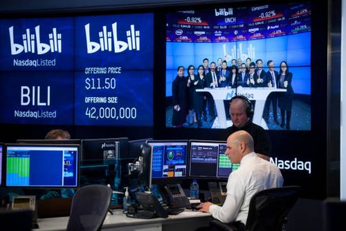 Jay Heller, initial public offering execution officer at Nasdaq, right, works during the Bilibili Inc. IPO at the Nasdaq MarketSite in New York,...