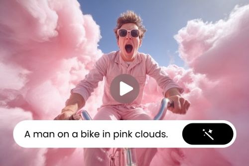 enter text to generate a video about boy riding a bicycle through pink clouds
