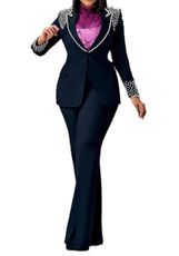 Women Suits 2 Piece Set Business Casual Pearl Blazers and Wide Leg Pants Suit Semi Formal Work Outfits Navy