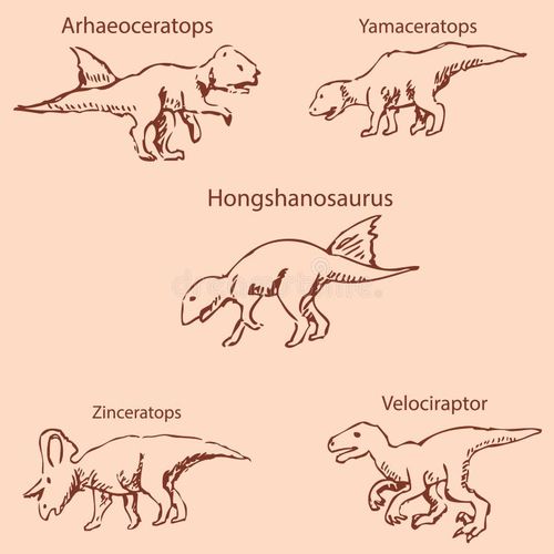 Dinosaurs with names. Pencil sketch by hand. Vintage colors. Vector image. Dinosaurs names vectors
