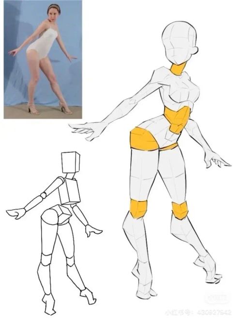 Artistic figure drawing process: reference photo and illustrated construction stages for character design.