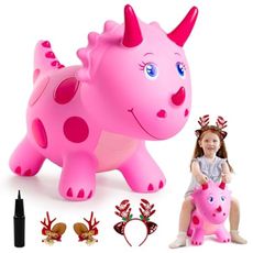 EVERICH TOY Dinosaur Bouncy Animal Toys, Pink Triceratops Bouncer, Ride on Bounce Hopper for Kids 2-5 Indoor Outdoor Activity Birthday for 18 Months 2 3 4 Years Old Boys