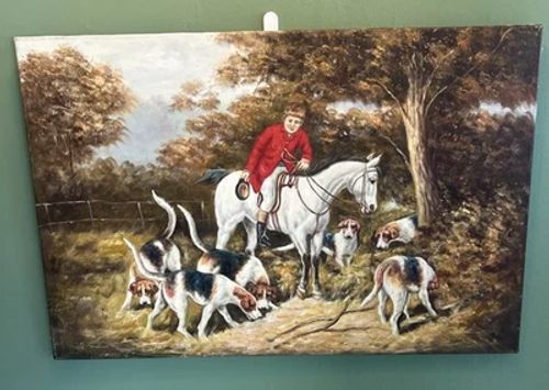 Original Oil Painting, English Fox Hunt Scene Riders Horses Hounds VINTAGE 24x35 - Image 1 of 4
