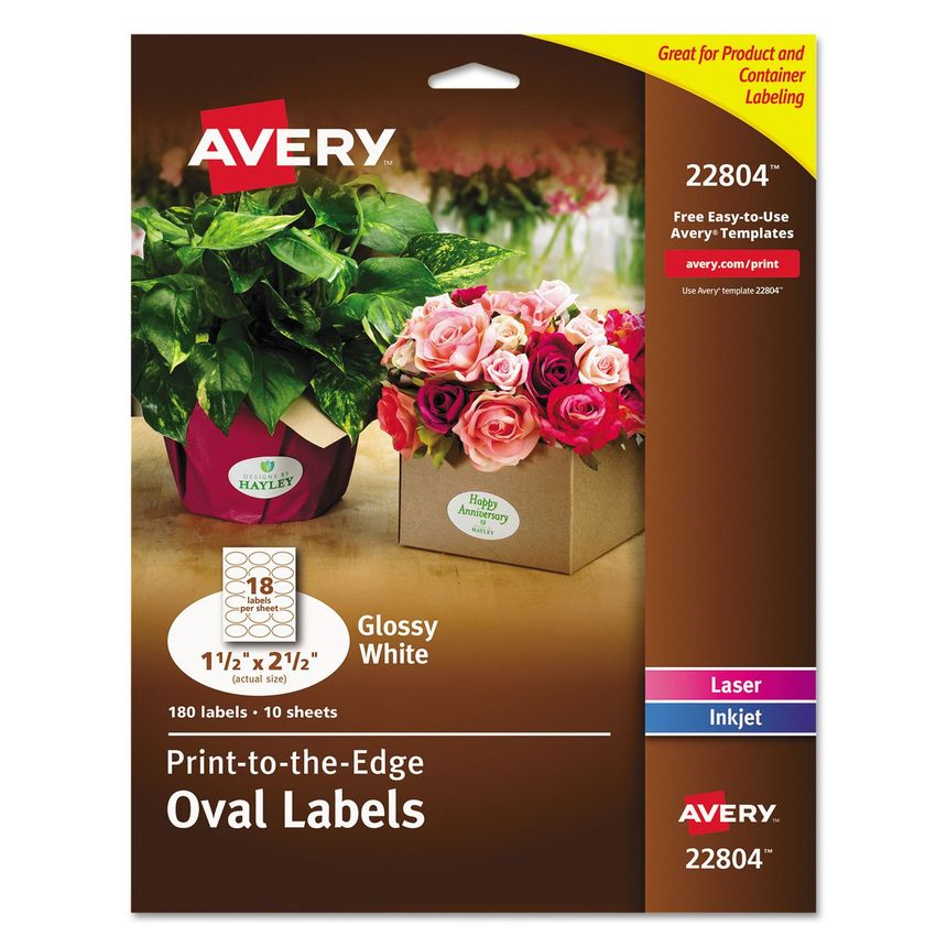 Avery® Easy Peel® Print-To-The-Edge Permanent Inkjet/Laser Oval Labels, 22804, 1 1/2" x 2 1/2", Glossy White, Pack Of 180