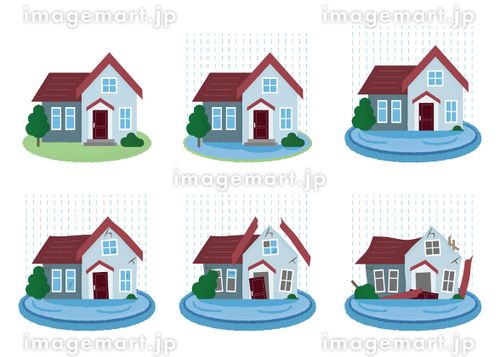 水害に遭う住宅のベクターイラスセット ゲリラ豪雨,住宅ローン,ダメージのイラスト素材