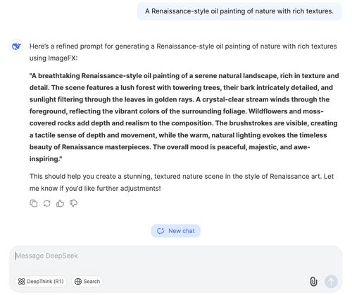 Demonstrating how users can use DeepSeek to generate images with enhanced descriptions for AI-powered tools like ImageFX.