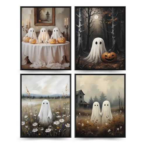 PLKMN Hallowmas Ghost Decor Wall Art Prints Set of 4, Vintage Halloween Posters, Cute Ghost Decor, Aesthetic Halloween Pic...