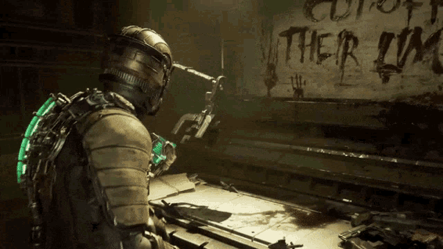 a video game character stands in front of a wall that says ' cut off their lives '