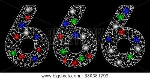 Bright Mesh 666 Digits Text With Glow Effect. White Wire Carcass Triangular Mesh In Vector Format On