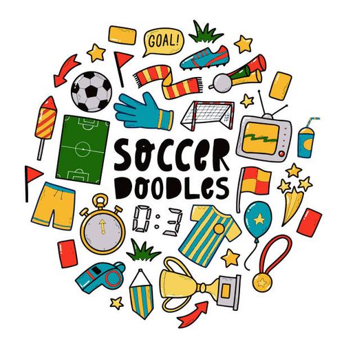 set of soccer doodles set of hand drawn soccer doodles isolated on white background. Good for stickers, prints, cards, banners, icons, clip art, etc. EPS 10 soccer doodle stock illustrations
