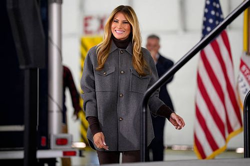 First lady Melania Trump arrives for a Red Cross holiday care package event inside a hangar on December 1 at Joint Base Andrews, Maryland. The event...