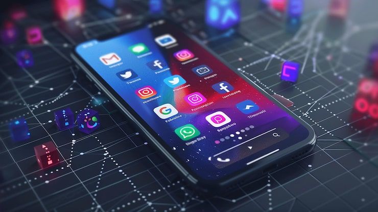 Foto un teléfono con las aplicaciones de la palabra en la pantalla