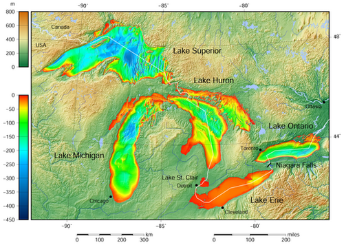 Bathymetry map of the Great Lakes