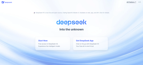 DeepSeek's homepage showcasing its AI-powered platform, developed by a Chinese startup, revolutionizing the AI industry with advanced image models and cutting-edge technology for AI-driven applications.
