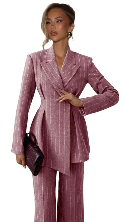 Pinstripe 2 Piece Womens Pant Suit Formal Peak Lapel Dressy Suits for Women Business Casual Blazer Set for Work Office
