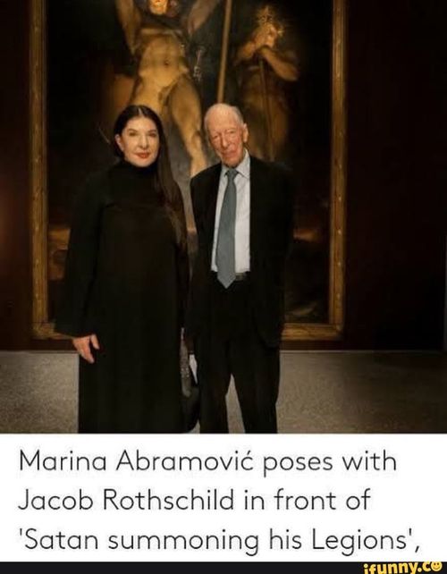 Marina Abramovic poses with Jacob Rothschild in front of 'Satan summoning his Legions',