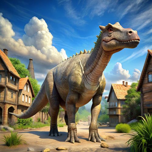 Archaeotherium dinosaur stands village. photo. 4K Portrait front view 8K. HD Image Background. Hd dinosaur images illustrations