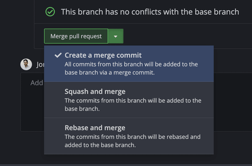 Merge pull request dropdown showing three GitHub merge strategies: Create a merge commit, Squash and merge, and Rebase and merge