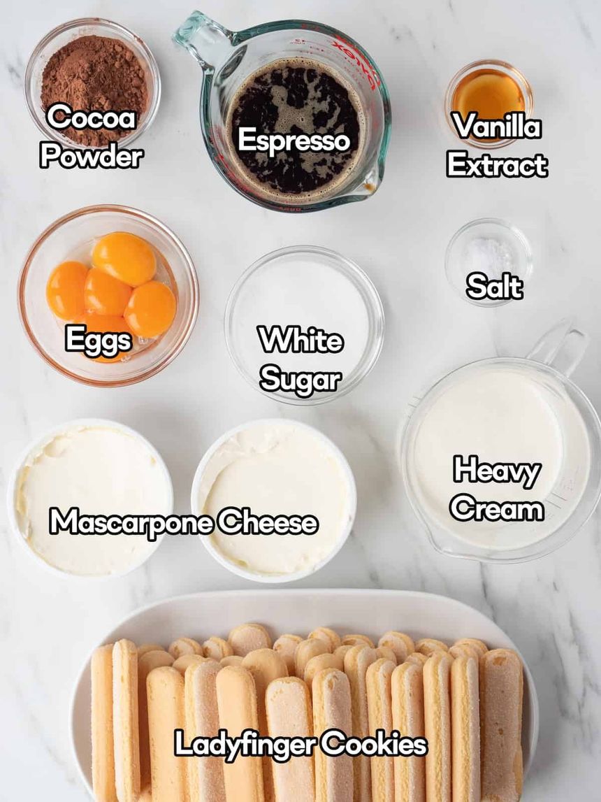 Mise-en-place of all the ingredients to make tiramisu.