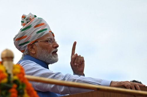 Indian Prime Minister Narendra Modi speaks during celebrations to mark the 75th anniversary of independence at the Red Fort in New Delhi on Aug. 15.