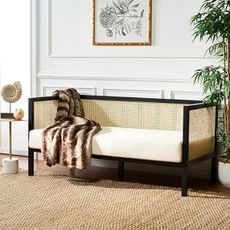 SAFAVIEH Home Collection Dune Coastal Black Rattan 3-Seater Sofa with White Cushion