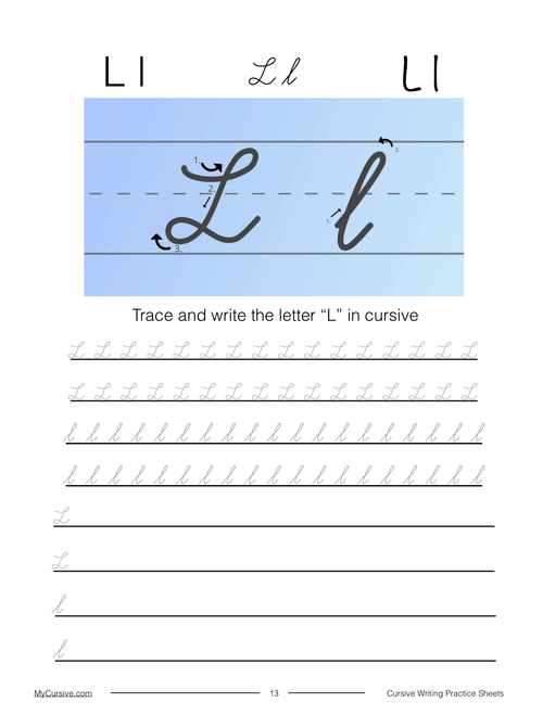 Worksheet for the cursive letter l in uppercase and lowercase