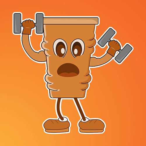 vector illustration of quirky cartoon coffee cup character lifting dumbbell sticker - emoji gym stock illustrations