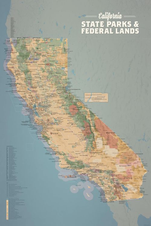 California State Parks & Federal Lands Map 24x36 Poster (Camel & Slate Blue)