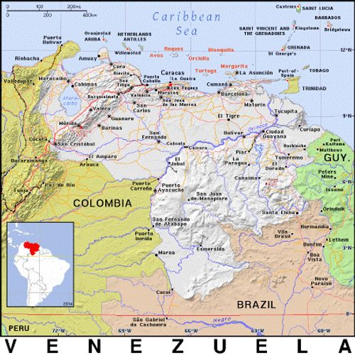 A map of Venezuela, highlighting its mountain ranges, cities, and location in South America.