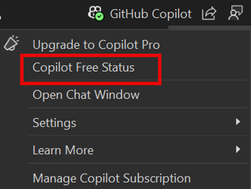 “Copilot 免费状态”菜单选项的屏幕截图。