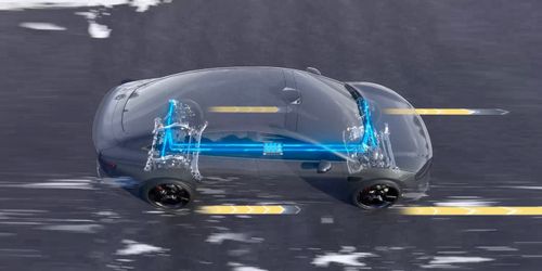 智界 新S7 在湿滑路面行驶的 3D 渲染图，展示了智界 新S7 全方位防滑性能