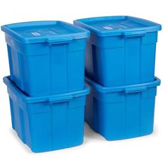 Rubbermaid Roughneck Tote 25 Gal, 4 Pack, Made in USA, Heritage Blue, Rugged Plastic Stackable Storage Bins with Lids and Handles