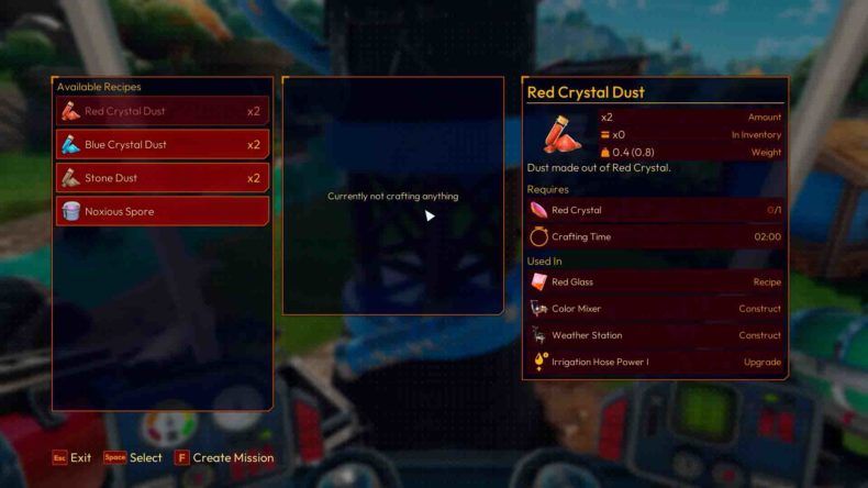 A screenshot of the recipe crafting menu highlight Red Crystal Dust.