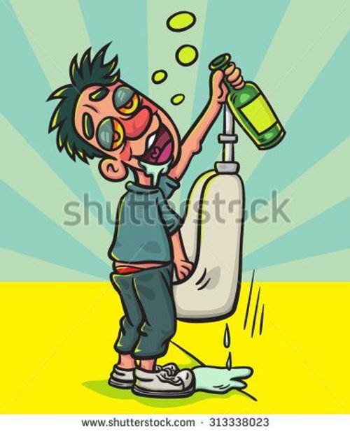 a cartoon boy is drinking from a bottle and spraying water on his face with a sprayer