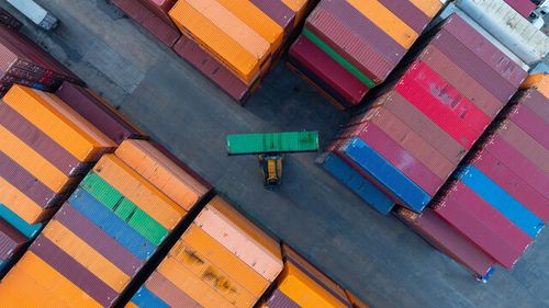 Aerial view global business logistic transportation container cargo international terminal port, Container cargo industrial import export port by container cargo ship, Sea freight shipping container.