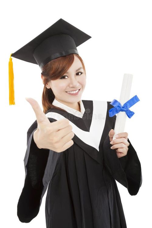 Smiling Graduate woman with Degree and thumb up. Bachelors degree stock images, royalty-free photos and pictures